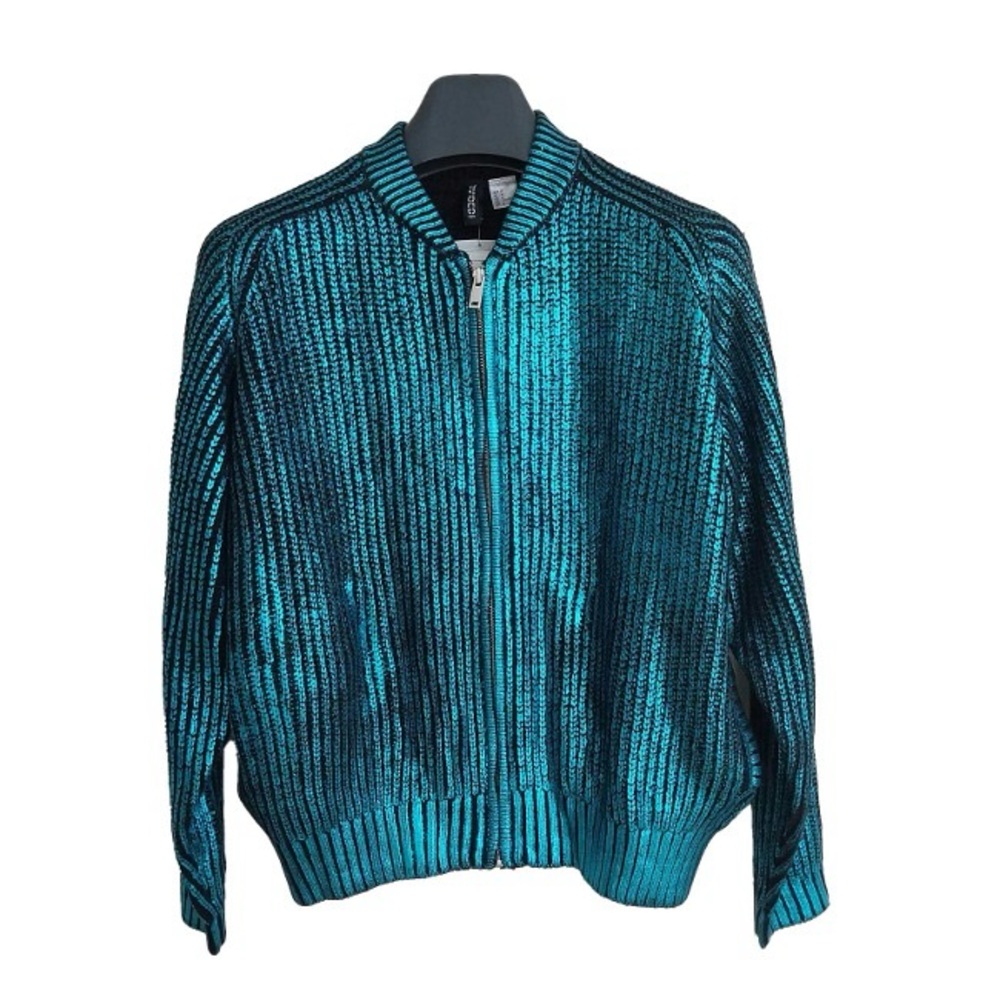 H&M iridescent knit bomber jacket.